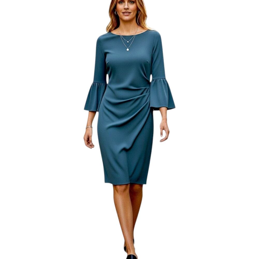 ✨Lauren Ralph Lauren Teal Ruched Sheath Dress 8 Wedding Guest Statement Sleeve ✨ - Picture 7 of 7